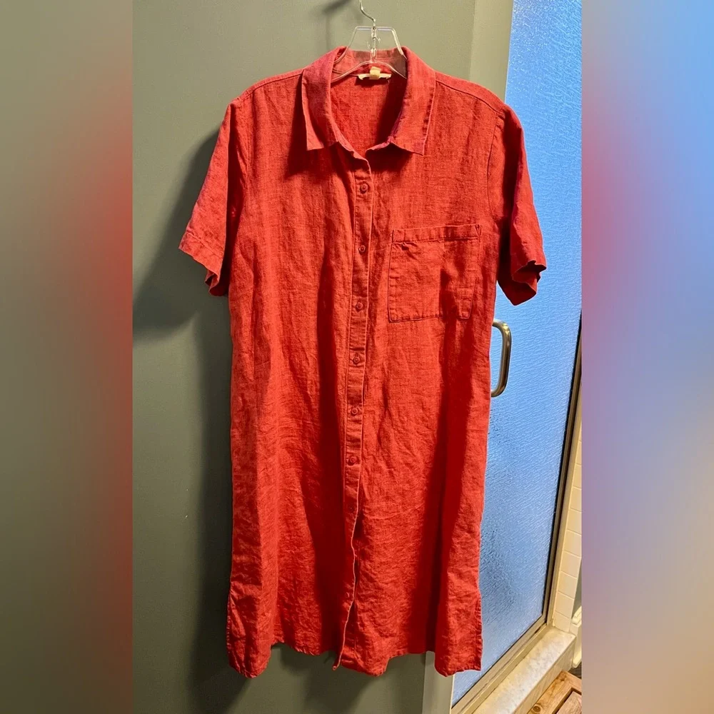 Eileen Fisher Linen Geranium Pink Classic Shirt Dress Size XS - Picture 2 of 8